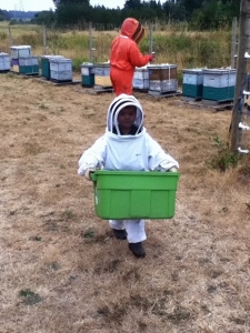Our Grandson is always wanting to go beekeeping with Grandpa.  He has been going with Grandpa periodically since he was about four.